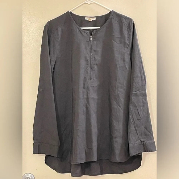 EILEEN FISHER NWOT Linen Blend Half Zip Front Roll Up Tab Sleeve - Picture 1 of 4
